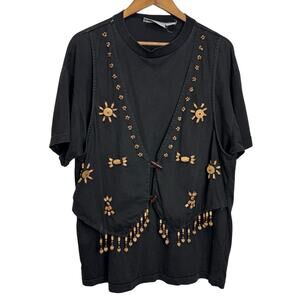 Vintage‎ Red Rover Black Shirt with Brown Embellished Beaded Vest Cotton Large